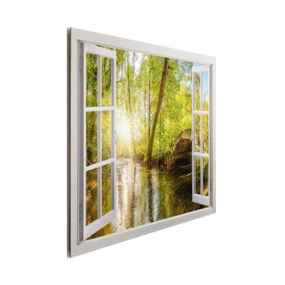 Seitliche Schrägansicht des Wandbilds „Forest Window“, 60 × 90 cm; Profil, Kante und Tiefe des Bildes sind erkennbar.