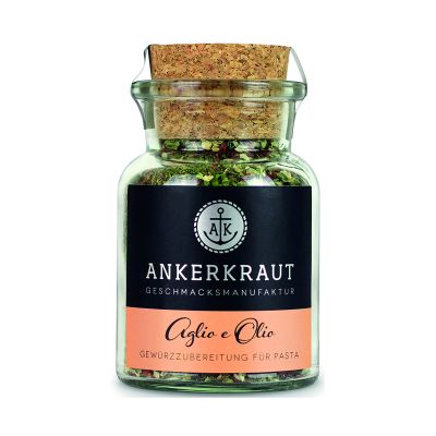 Ankerkraut Aglio e Olio in einem Glas mit Korkverschluss; die grüne Kräutermischung ist oberhalb des schwarzen Etiketts sichtbar.