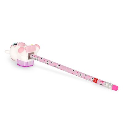 Rosa Leuchtstift mit Einhorn-Spitzerbehälter, als vollständiger Stift mit Tieraufsatz auf weißem Hintergrund gezeigt.