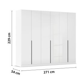 Weißer Hochglanz Drehtürenschrank mit sechs Türen und Maßangaben 271 cm Breite, 229 cm Höhe und 54 cm Tiefe