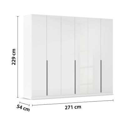 Weißer Hochglanz Drehtürenschrank mit sechs Türen und Maßangaben 271 cm Breite, 229 cm Höhe und 54 cm Tiefe