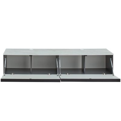 Modernes TV-Lowboard in Anthrazit mit Marmoroptik und LED-Beleuchtung als Teil einer stilvollen Wohnzimmereinrichtung.