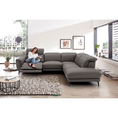 Graues Ecksofa mit Recamiere in einem eingerichteten Wohnraum mit Teppich und Couchtisch