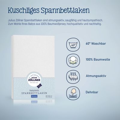 Produktabbildung eines weißen Julius Zöllner Spannbettlakens mit Symbolen zu Waschen, Baumwolle, Atmungsaktivität und Dehnbarkeit auf blauem Hintergrund