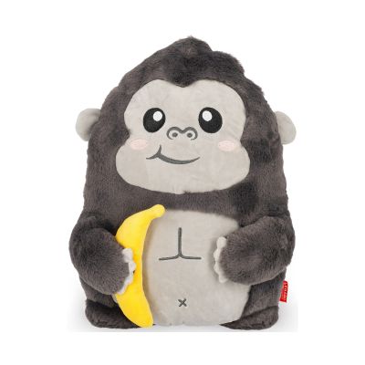 Graues Gorilla-Kissen mit gelber Banane, frontal auf weißem Hintergrund dargestellt.