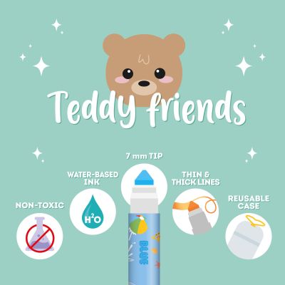 Zwölf Filzstifte mit Teddybär-Motiven, in einer Grafik mit Stiftspitzen und Eigenschaften der Filzstifte dargestellt.