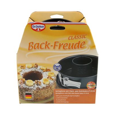 Verpackung der Dr Oetker Springform mit Flach und Rohrboden 18 cm mit abgebildetem Kuchen