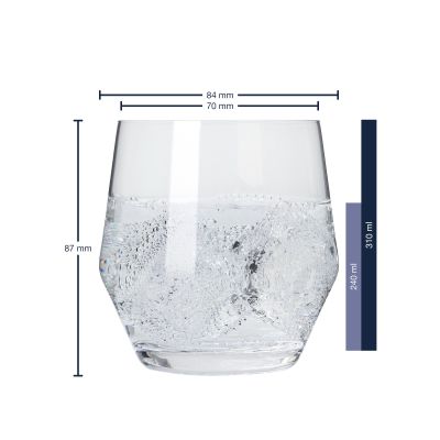 Trinkglas mit Maßangaben Höhe 87 mm und Volumen bis 310 ml