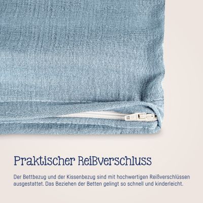 Nahaufnahme eines weißen Reißverschlusses an hellblauer Musselin-Kinderbettwäsche mit sichtbarer Stoffstruktur