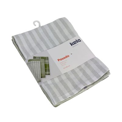 Gefaltetes Geschirrtücher Set mit grünen und grauen Mustern sowie Papierbanderole