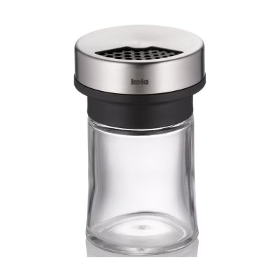 Zylindrischer transparenter Multi-Streuer mit silberfarbenem Schraubdeckel und dunklem Ring