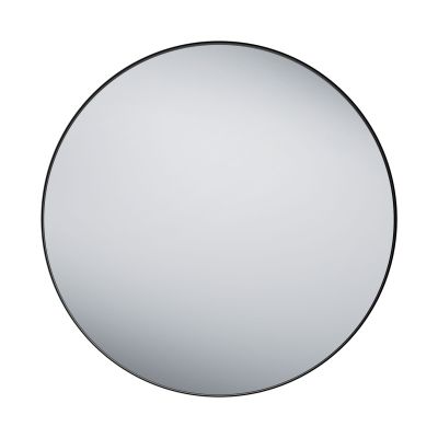 Spiegel Britta in Schwarz, freigestellt in einer zweiten Gesamtansicht; zu sehen ist die runde Spiegelfläche mit schmalem Rahmen; Maße ca. 110 x 110 x 3 cm.