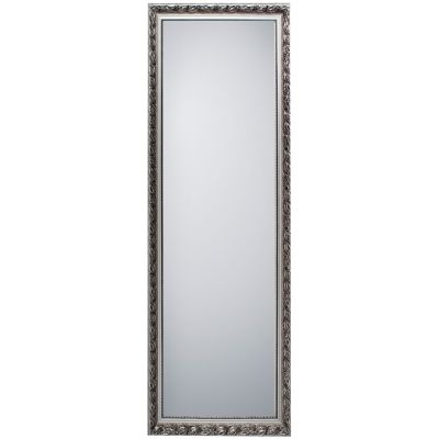 Spiegel Sonja in Silber, freigestellt in einer zweiten Gesamtansicht; zu sehen ist die rechteckige Spiegelfläche mit ornamentiertem Rahmen; Maße ca. 50 x 150 x 3,5 cm.