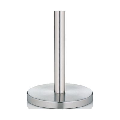 Detailaufnahme des runden Standfußes in mattem Silber mit senkrecht befestigter Metallstange