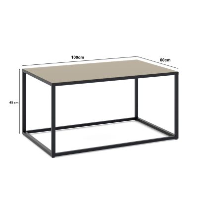 Perspektivische Darstellung des Couchtisches mit taupefarbener Tischplatte und schwarzem Metallgestell. Maßpfeile zeigen eine Länge von 100 cm und eine Tiefe von 60 cm. Ein weiterer Maßpfeil verläuft senkrecht entlang der linken Tischseite.