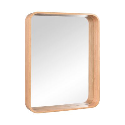 Rahmenspiegel Tilda in Holzoptik, freigestellt in vollständiger Ansicht; zu sehen ist die rechteckige Spiegelfläche mit stark abgerundetem, tiefem holzfarbenem Rahmen; Maße ca. 40 x 50 x 8 cm.