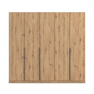 Frontansicht eines minimalistischen 5-türigen Kleiderschranks in Eiche Artisan mit grau-metallicen Griffleisten