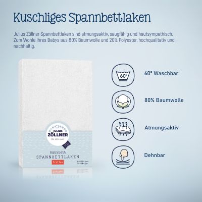 Verpacktes weißes Julius Zöllner Spannbettlaken mit grafischen Symbolen zu 60° Waschbarkeit, 100 % Baumwolle, Atmungsaktivität und Dehnbarkeit