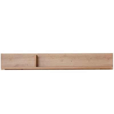 Frontalansicht eines schlichten Wandboards aus hellem Holz mit einer kleinen seitlichen Trennleiste und durchgehender Ablage.