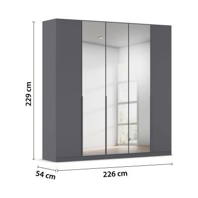 Grau-Metallicer 5-türiger Kleiderschrank mit Spiegel und Maßangaben Breite 226 cm, Höhe 229 cm und Tiefe 54 cm
