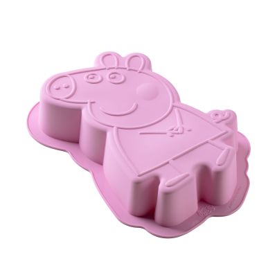 Schräg dargestellte Peppa Pig Silikon Backform in Rosa mit erhöhter Formstruktur