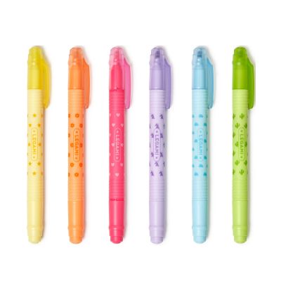 Sechs radierbare Textmarker in Pastellfarben, mit sechs Textmarkern in unterschiedlichen Pastellfarben nebeneinander dargestellt.