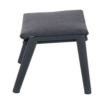 Dunkelgrauer Hocker mit Aluminiumgestell und Polsterkissen, seitlich abgebildet