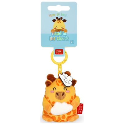 Giraffen-Plüsch-Schlüsselanhänger, an der Vorderseite der Kartonaufhängung gezeigt.