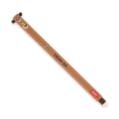 Brauner löschbarer Gelstift im Teddybär-Design, vollständig diagonal auf weißem Hintergrund dargestellt.