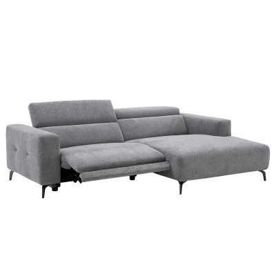 Graues Ecksofa mit verstellbarer Rückenlehne und teilweise ausgezogener Sitzfläche