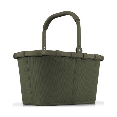 Einkaufskorb von Reisenthel, Modell Carrybag, in Dunkelgrün aus geripptem Cord, frontal mit hochgestelltem Griff.
