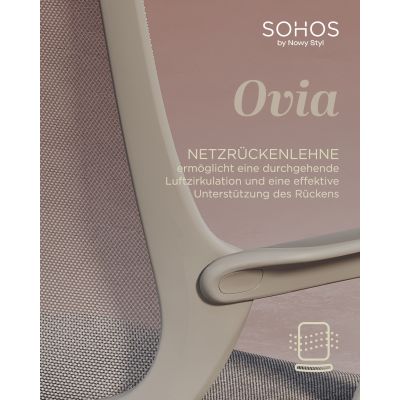Detailgrafik des Ovia mit Netzrückenlehne; der Text nennt Luftzirkulation und Unterstützung des Rückens als Funktionen.