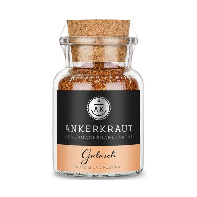 Ankerkraut Gulasch als rötlich-braunes Gewürz im Korkenglas mit schwarzem Markenetikett und orangefarbenem Namensfeld.