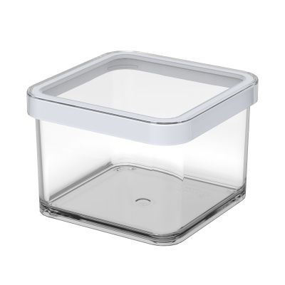 Transparente quadratische Aufbewahrungsbox mit grauem Deckel