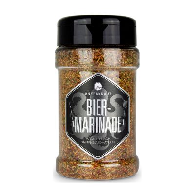 Biermarinade von Ankerkraut im Streuer mit schwarzem Deckel und dunklem Etikett; durch die Dose ist eine grobe Gewürzmischung zu sehen.