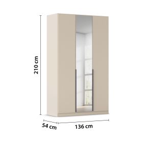 Champagnerfarbener Kleiderschrank mit eingezeichneten Maßen 136 cm Breite, 210 cm Höhe und 54 cm Tiefe