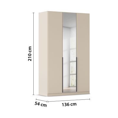 Champagnerfarbener Kleiderschrank mit eingezeichneten Maßen 136 cm Breite, 210 cm Höhe und 54 cm Tiefe
