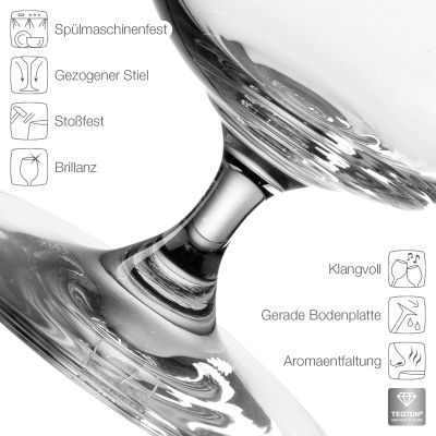 Detailaufnahme eines Cognacglases mit Symbolen zu Eigenschaften wie spülmaschinenfest und stoßfest