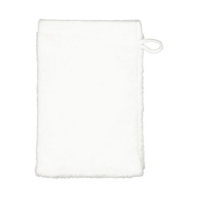 Waschhandschuh in der Farbe Weiß, frontal auf weißem Hintergrund mit seitlicher Aufhängeschlaufe und gleichmäßiger Frotteeoberfläche.
