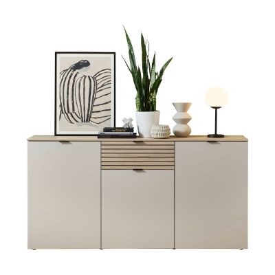 Ein Sideboard mit drei Türen und einer mittigen Schublade mit Lamellenfront. Auf der Ablagefläche stehen ein gerahmtes Bild, Bücher, eine Pflanze und Dekoobjekte.
