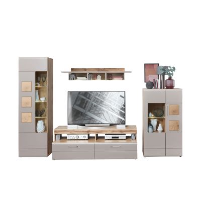 Moderne Wohnwand in Kaschmir und Eiche mit TV-Lowboard, Wandboard, Vitrine und Highboard inklusive LED-Beleuchtung.