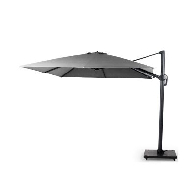 Sonnenschirm mit Gestell in Charcoal-Farbe und Schirm in Light Grey, aufgespannt, inklusive Sockel