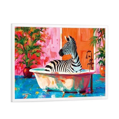 Frontansicht des Wandbilds „Zebra Bath“ in Mehrfarbig, Größe 50 × 70 cm; das vollständige Motiv ist zu sehen.