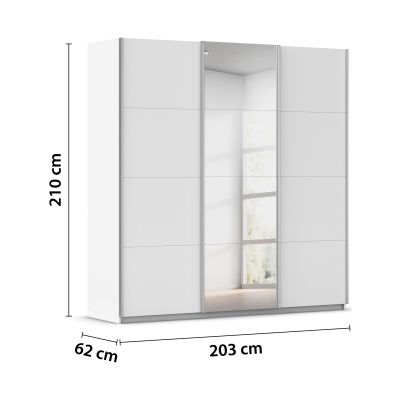 Weißer Kleiderschrank mit Schiebetüren und angegebenen Maßen 203 cm Breite 210 cm Höhe und 62 cm Tiefe