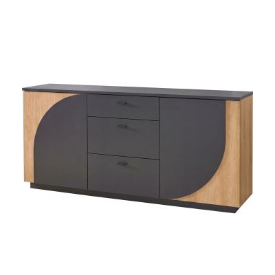 Graues Sideboard mit abgerundeten Seitenelementen in Eiche Samt drei Schubladen und zwei Türen
