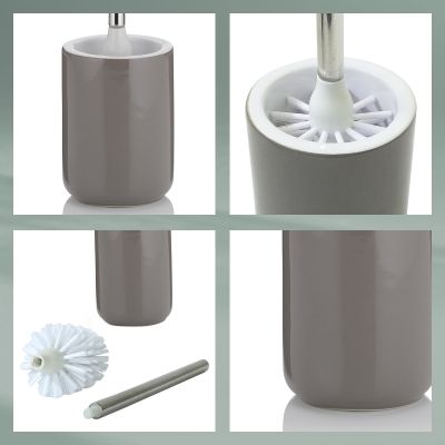 Bildcollage mit Detailansichten der grauen WC-Bürste, des Bürstenkopfes, des Griffs und des Bürstenhalters