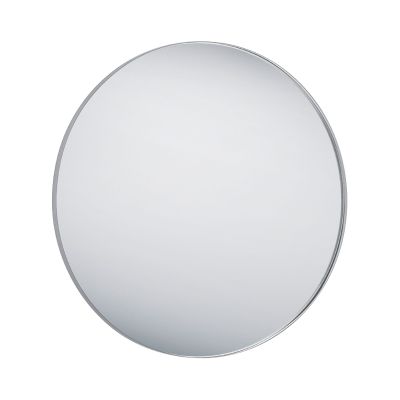 Spiegel Britta in Silber, freigestellt in vollständiger Ansicht; zu sehen ist die runde Spiegelfläche mit schmalem Rahmen; Maße ca. 80 x 80 x 2,8 cm.