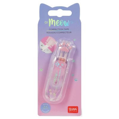 Transparenter rosa Korrekturroller mit Katzenpfote, in einer lilafarbenen Blisterverpackung abgebildet.