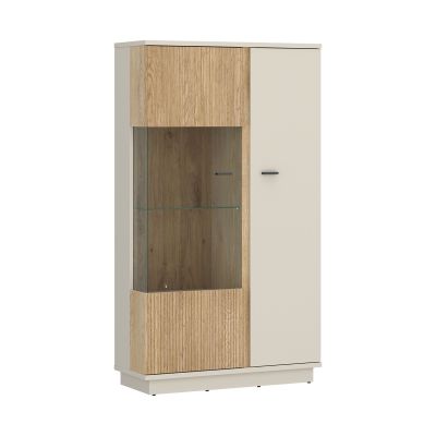 Moderne Kombivitrine in Kaschmir und Eiche mit Glaseinsatz, Holztür und Stauraum für Dekoration, Geschirr und Wohnaccessoires