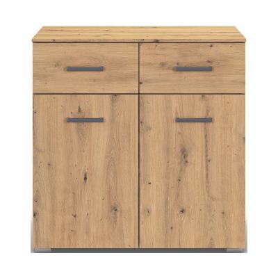 Frontale Ansicht eines Sideboards in Eiche Optik mit zwei Schubladen oben und zwei Türen unten